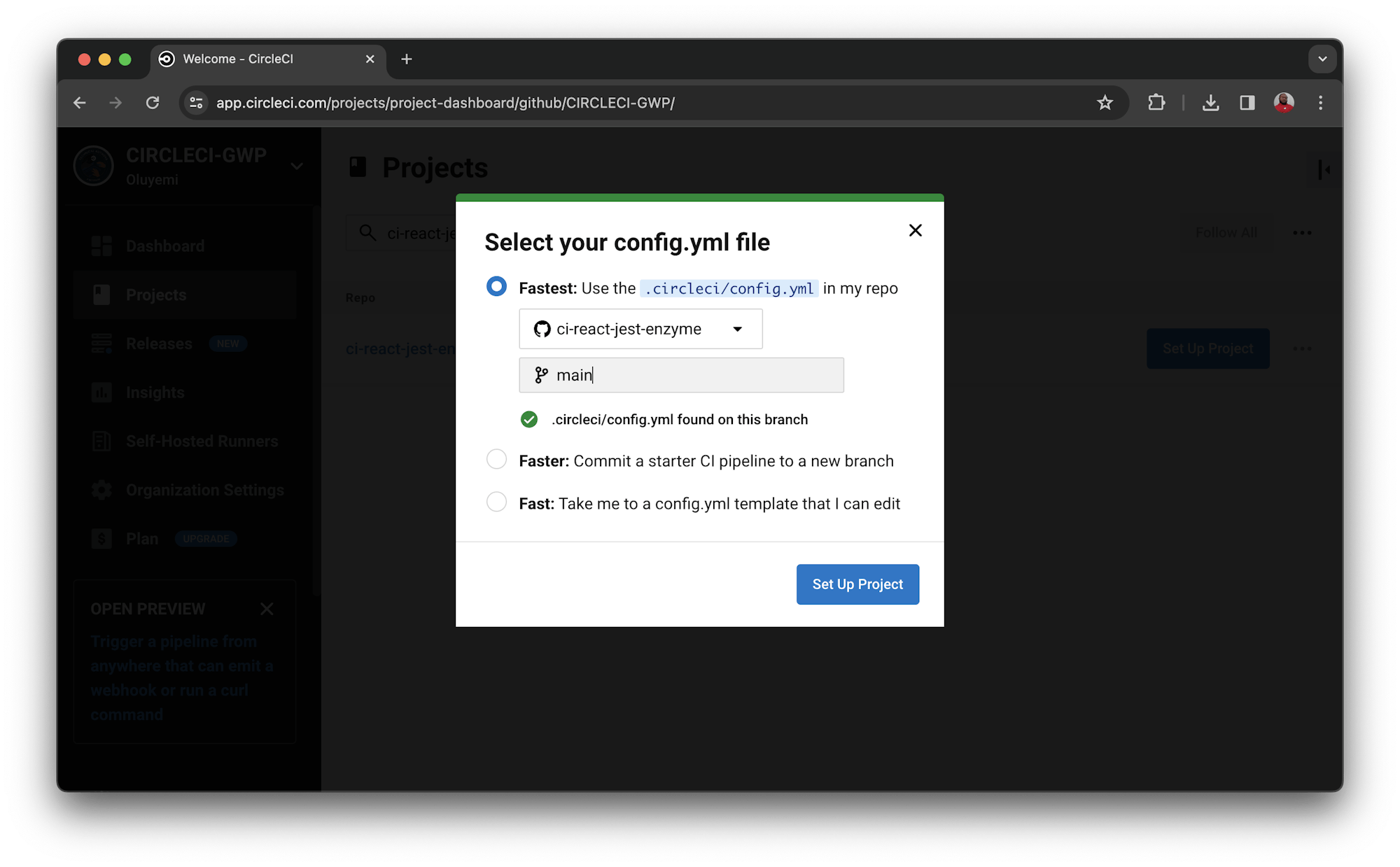 Select config branch CircleCI