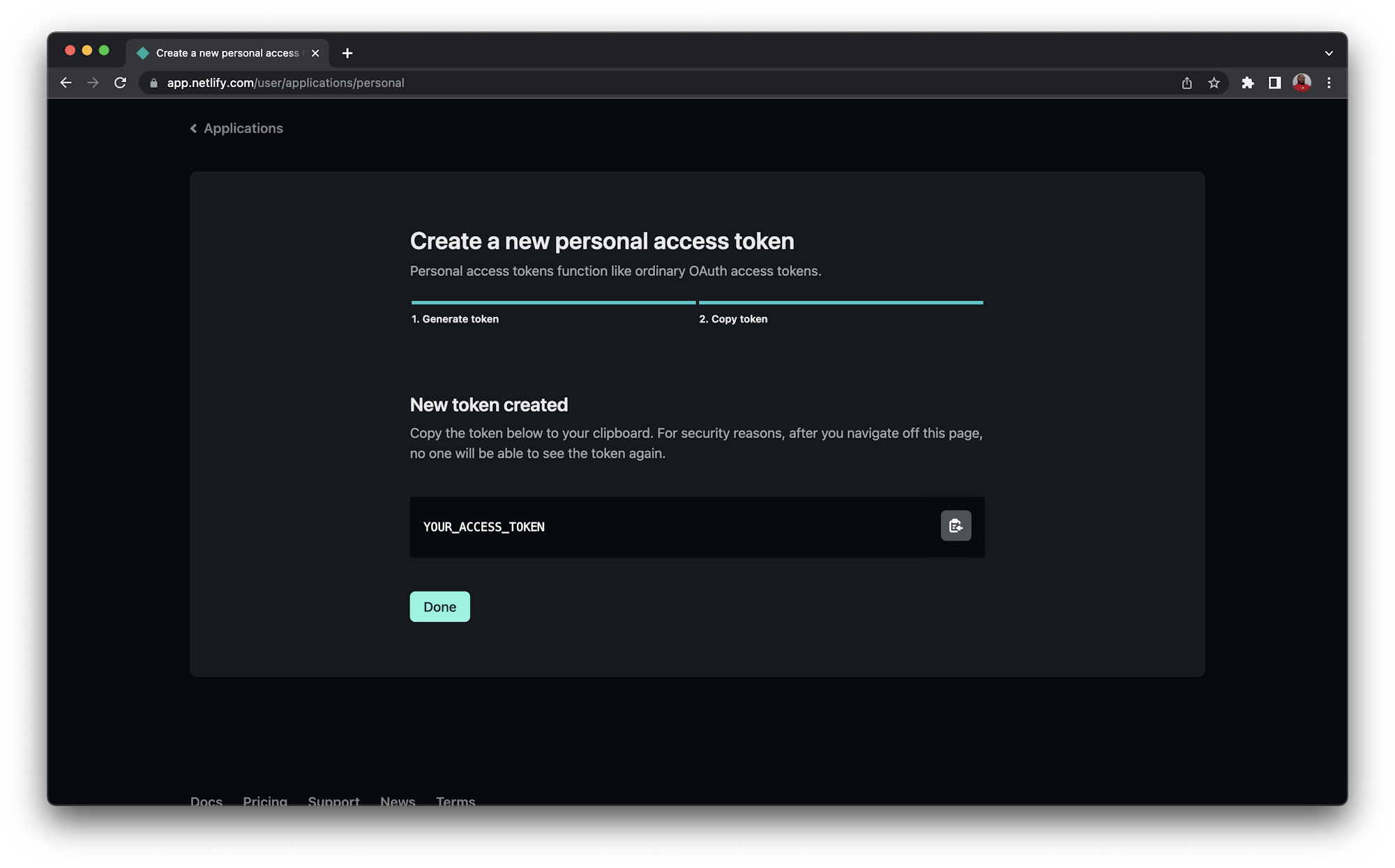 Create Personal Access Token page