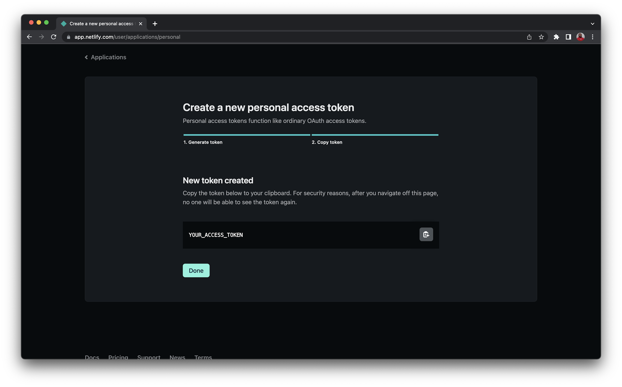 Create Personal Access Token page