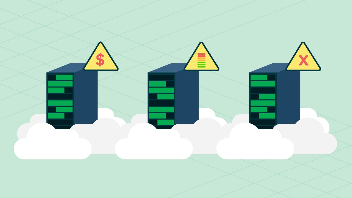 A trio of stylized servers sits on the cloud, each with a unique issue, including cost, capacity, and high demand.