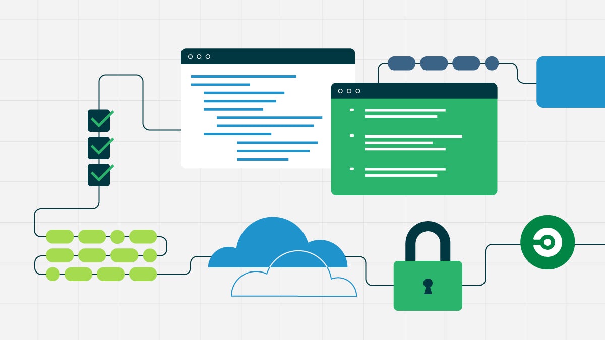 A series of interconnected modules representing elements of the software development process, combined with stylized security and compliance obstacles, resulting in deployment with CircleCI.