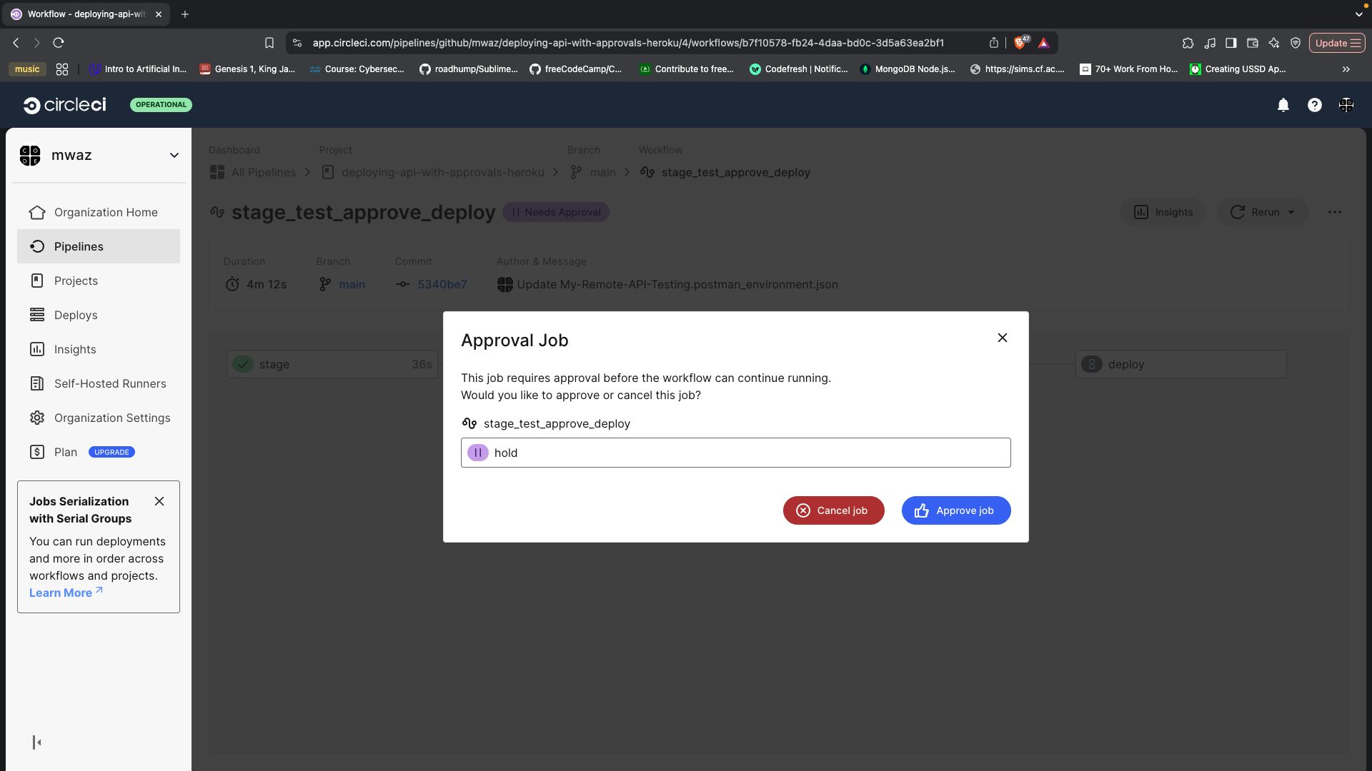 Approval dialog - CircleCI
