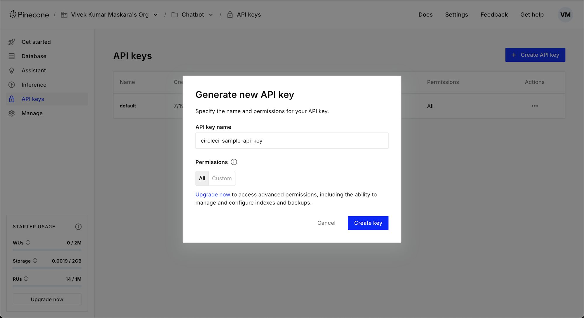 Create a new Pinecone API key