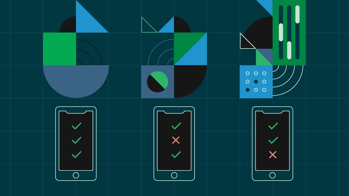 Three mobile device screens with lines of stylized code float over a grid.