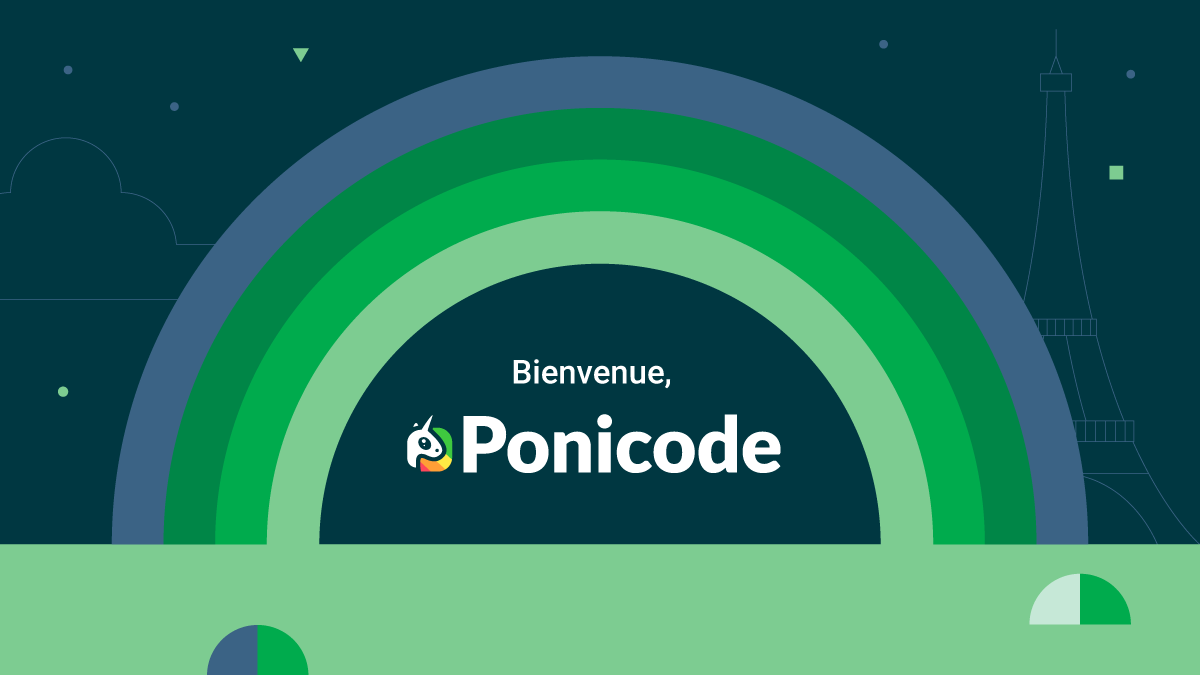 A rainbow in blue and green shades arcs over the words Bienvenue, Ponicode.
