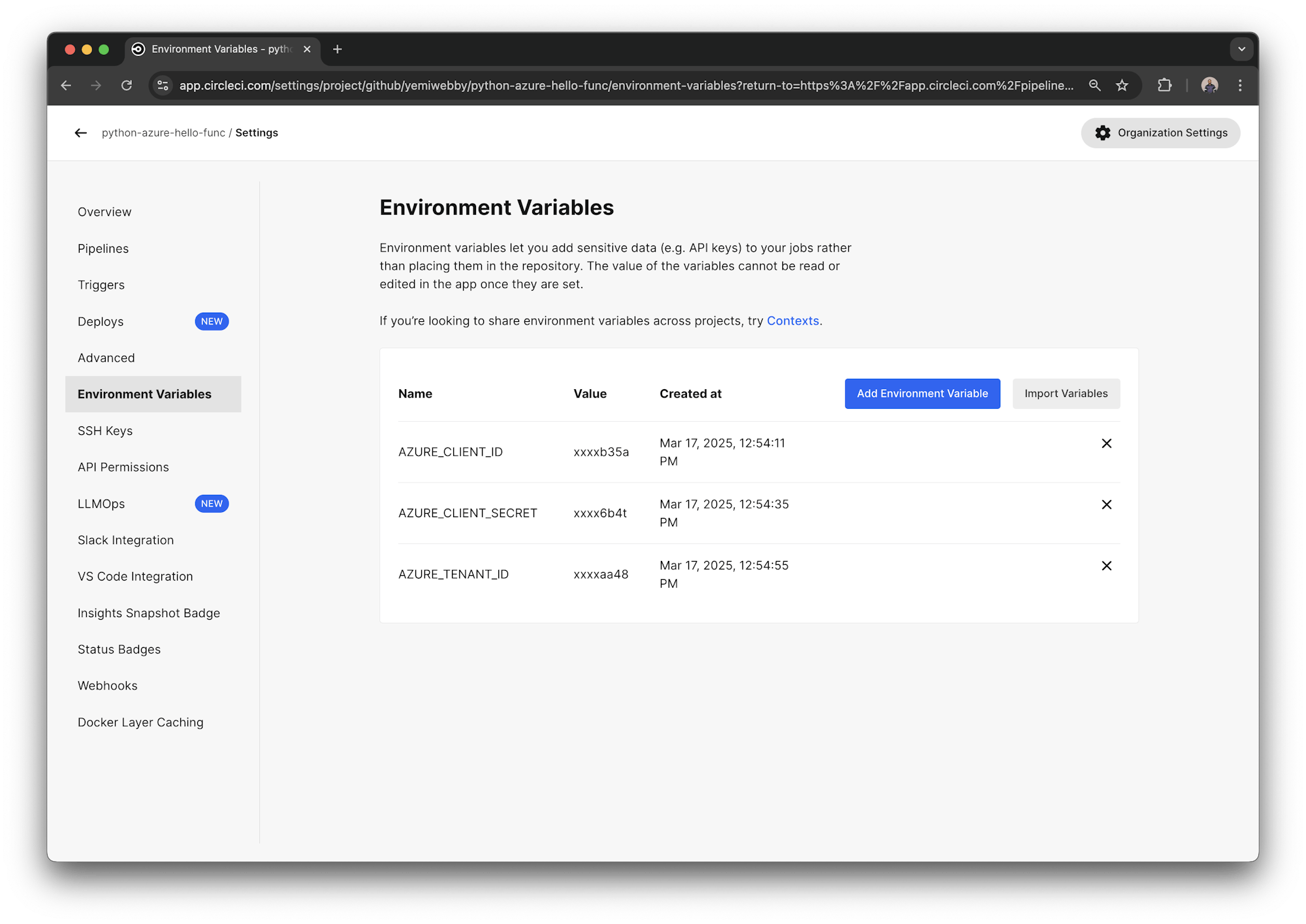 CircleCI environment variables