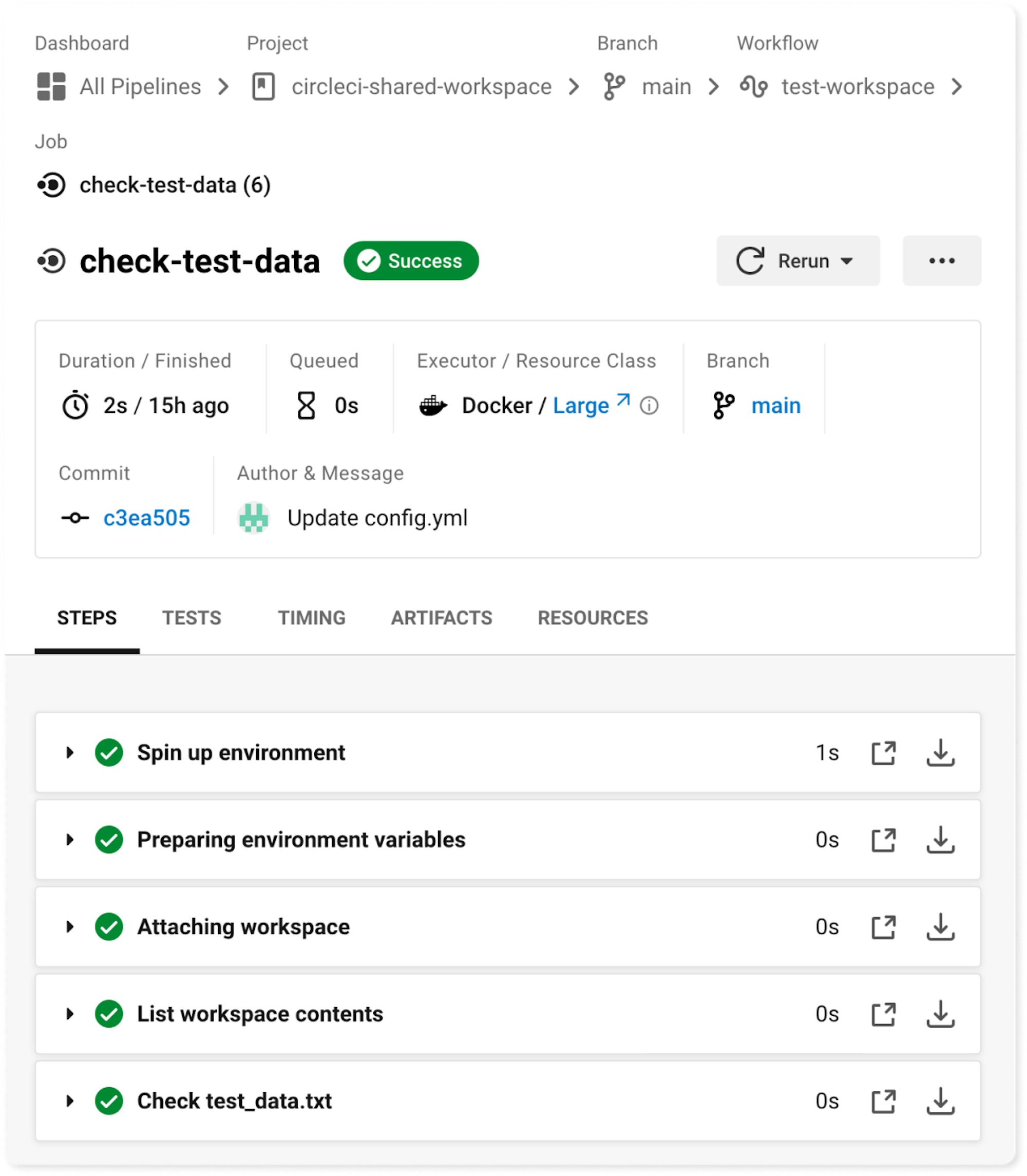 A screenshot of a successful run of the check-test-data job in the CircleCI web console