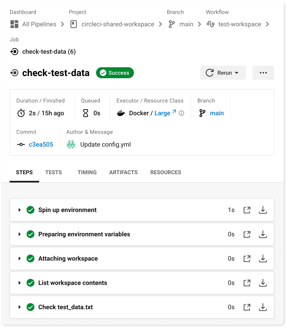 A screenshot of a successful run of the check-test-data job in the CircleCI web console