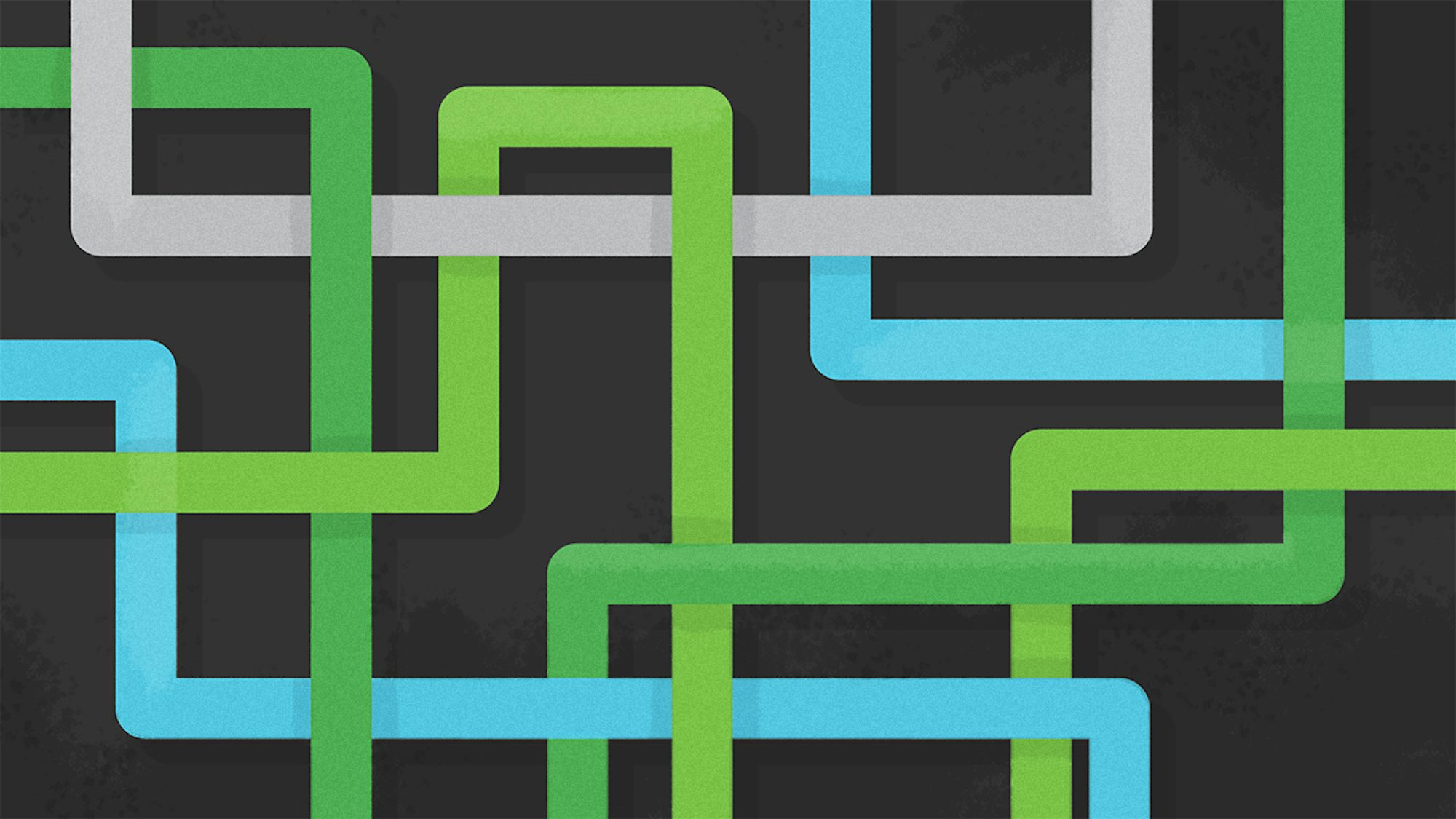 A grid of colorful stylized pipelines intersect and branch away from each other.