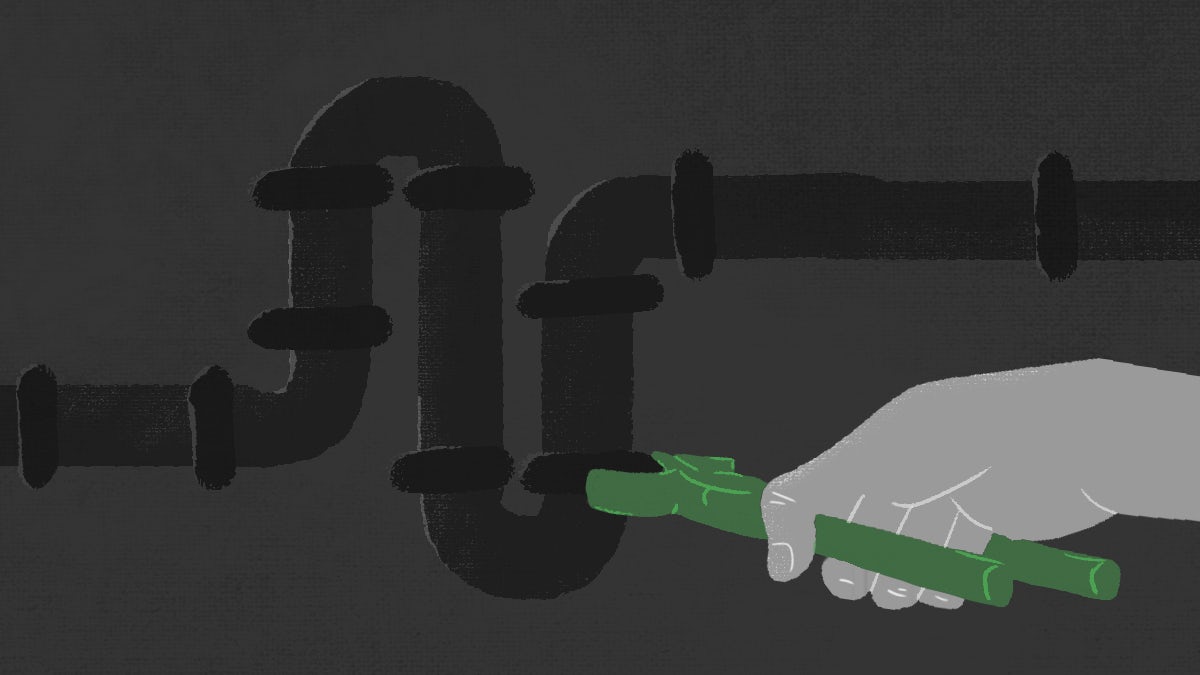 A stylized hand wields a wrench to tighten up pipelines.