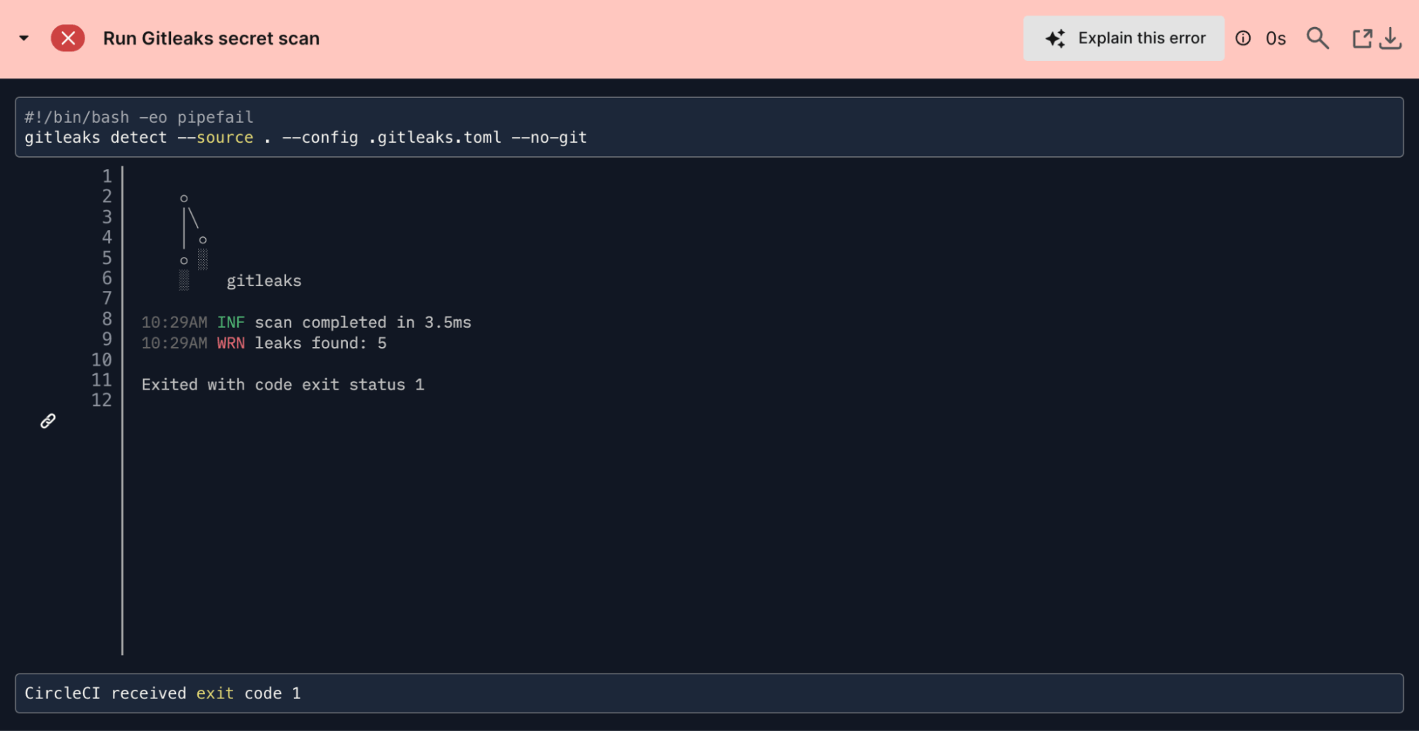 Gitleaks detects a secret leak; the pipeline fails