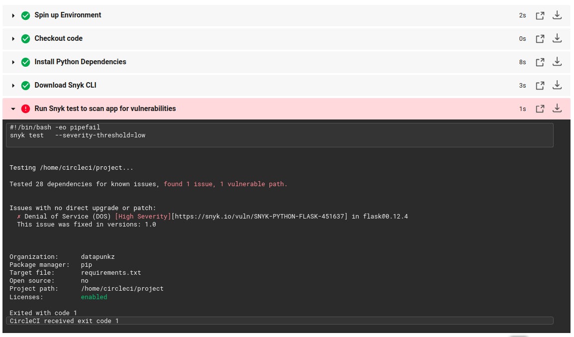 Example of Snyk scan failure within a pipeline.