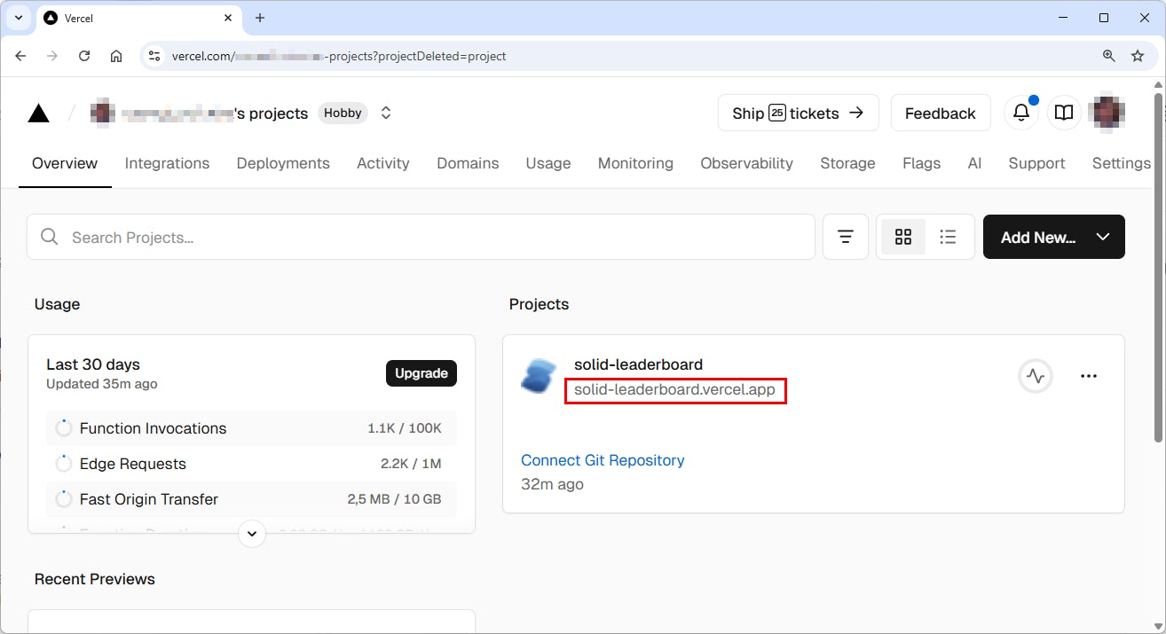 Vercel project dashboard