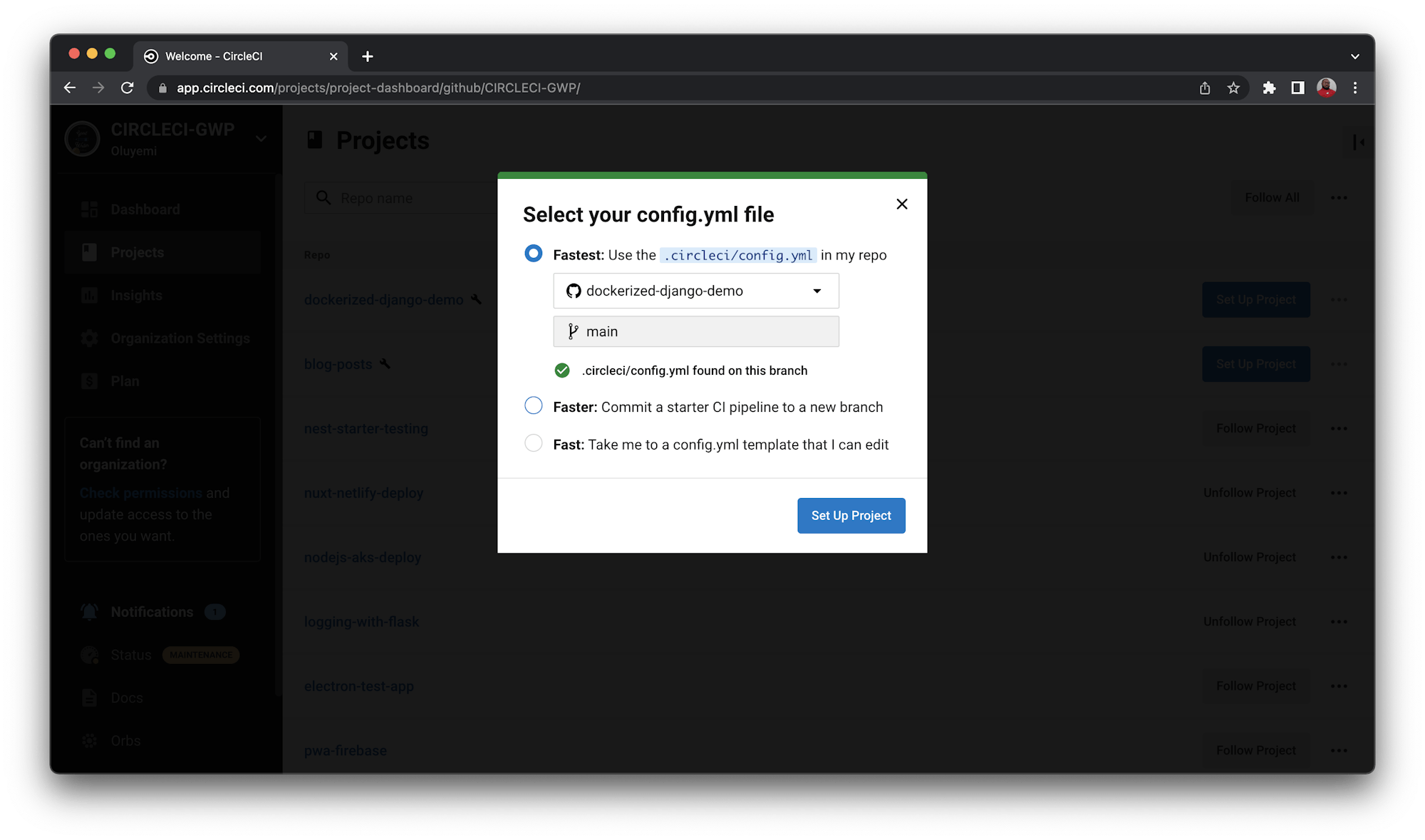 Project settings - select config