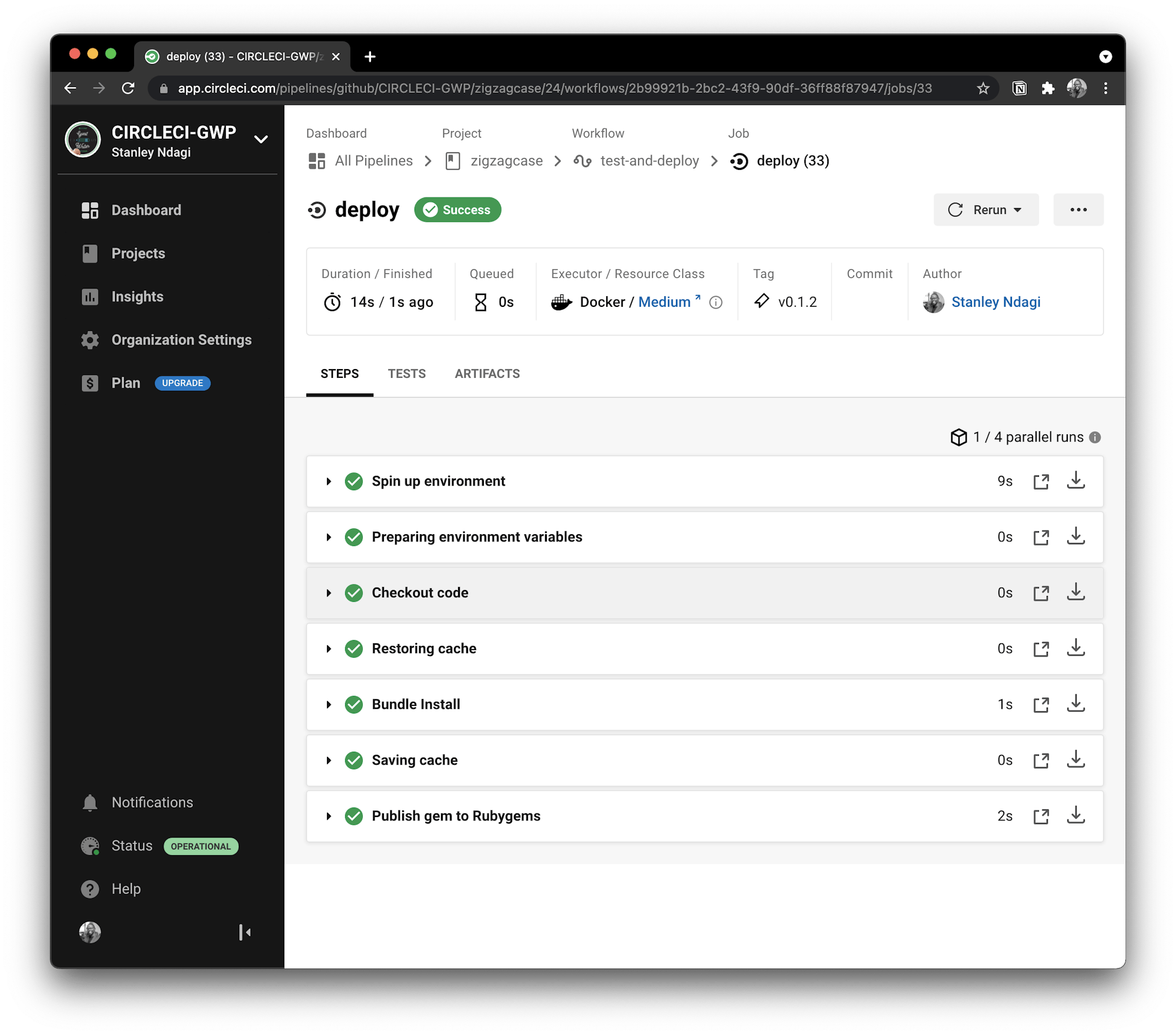 Output of the publishing step on CircleCI