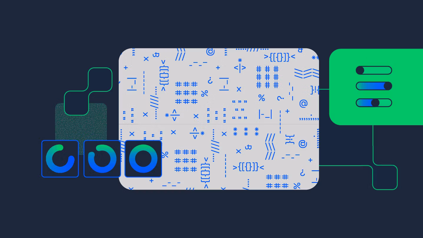 A stylized web application, placed at the center of a grid, is aligned with UI and code elements.