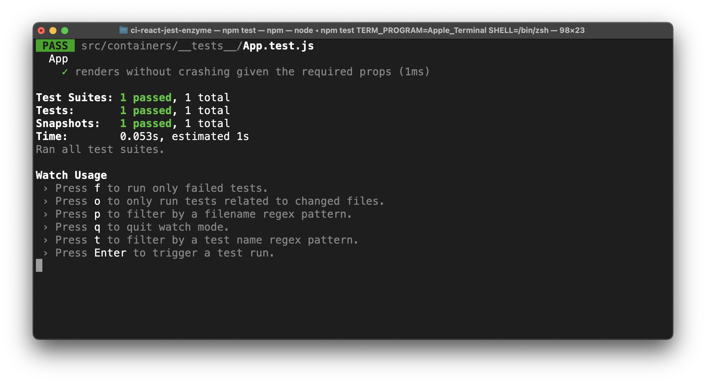 Continuous integration for React applications using Jest and 