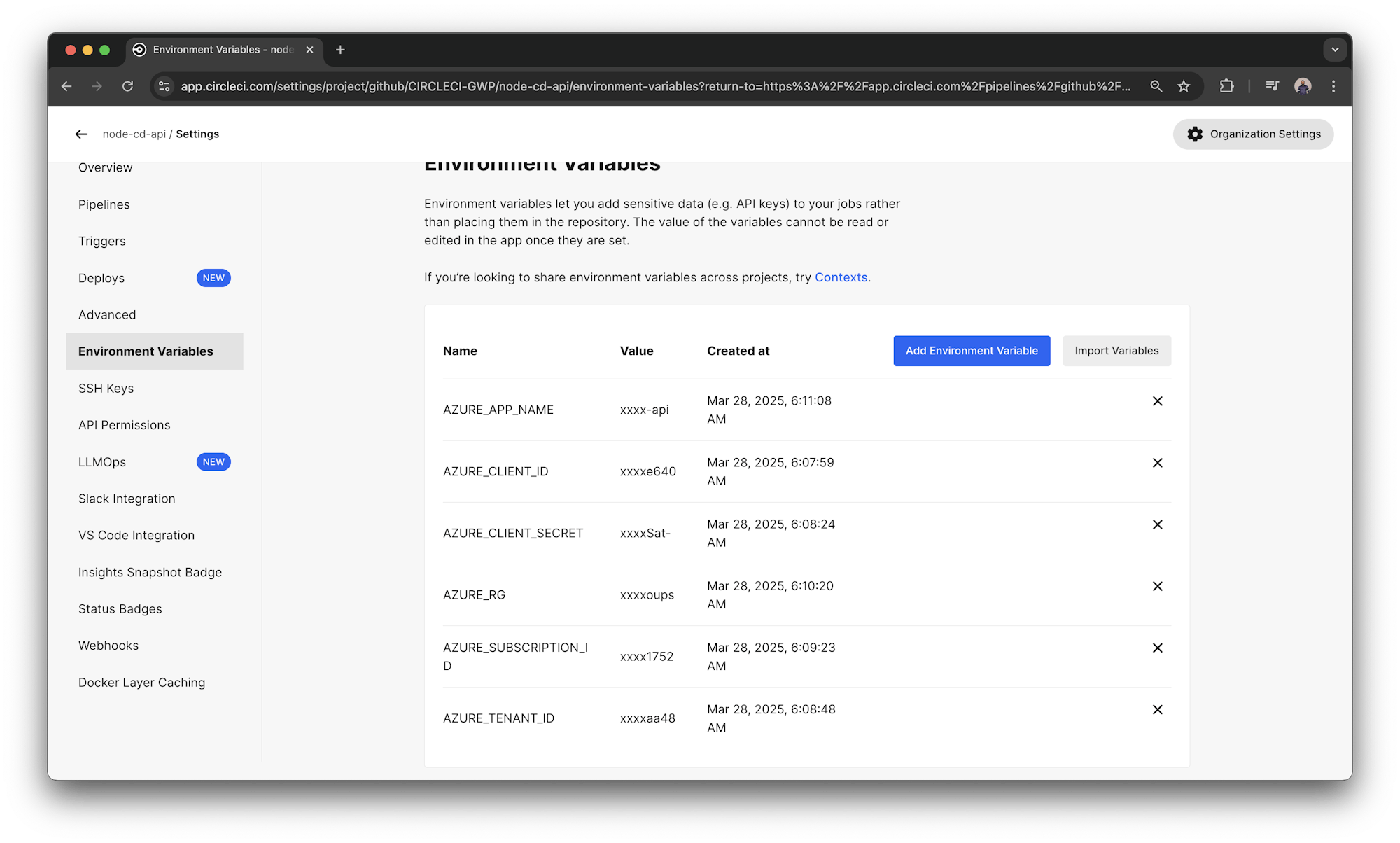 CircleCI environment variables
