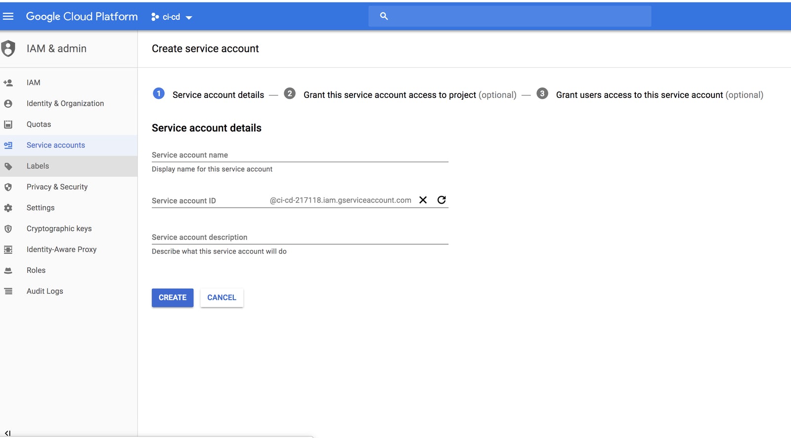 Creation of service account