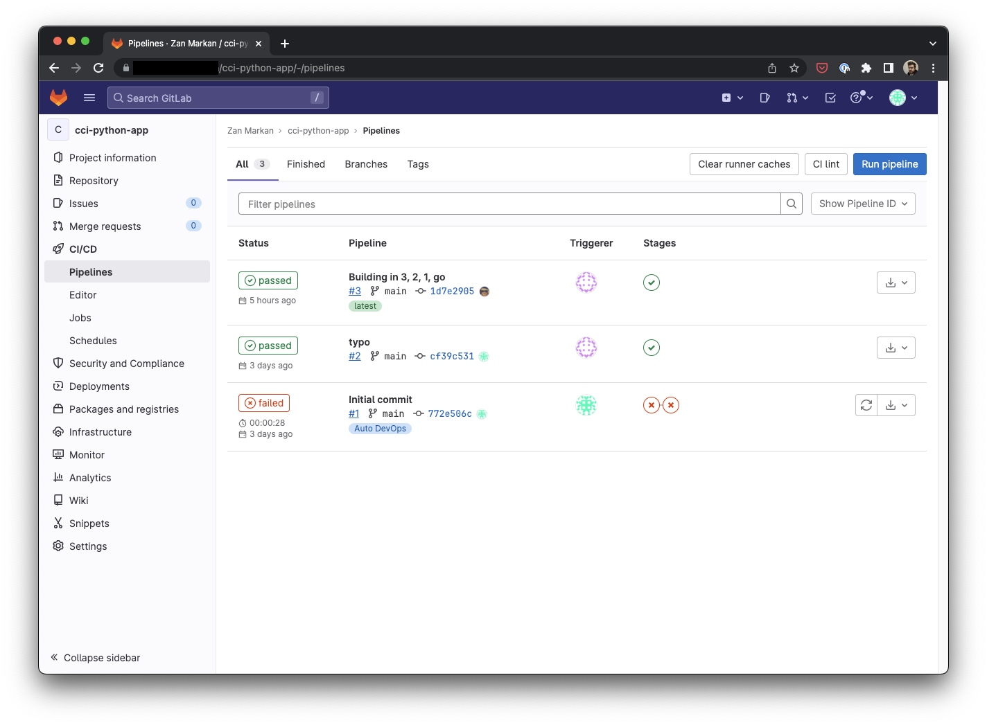 GitLab pipelines view