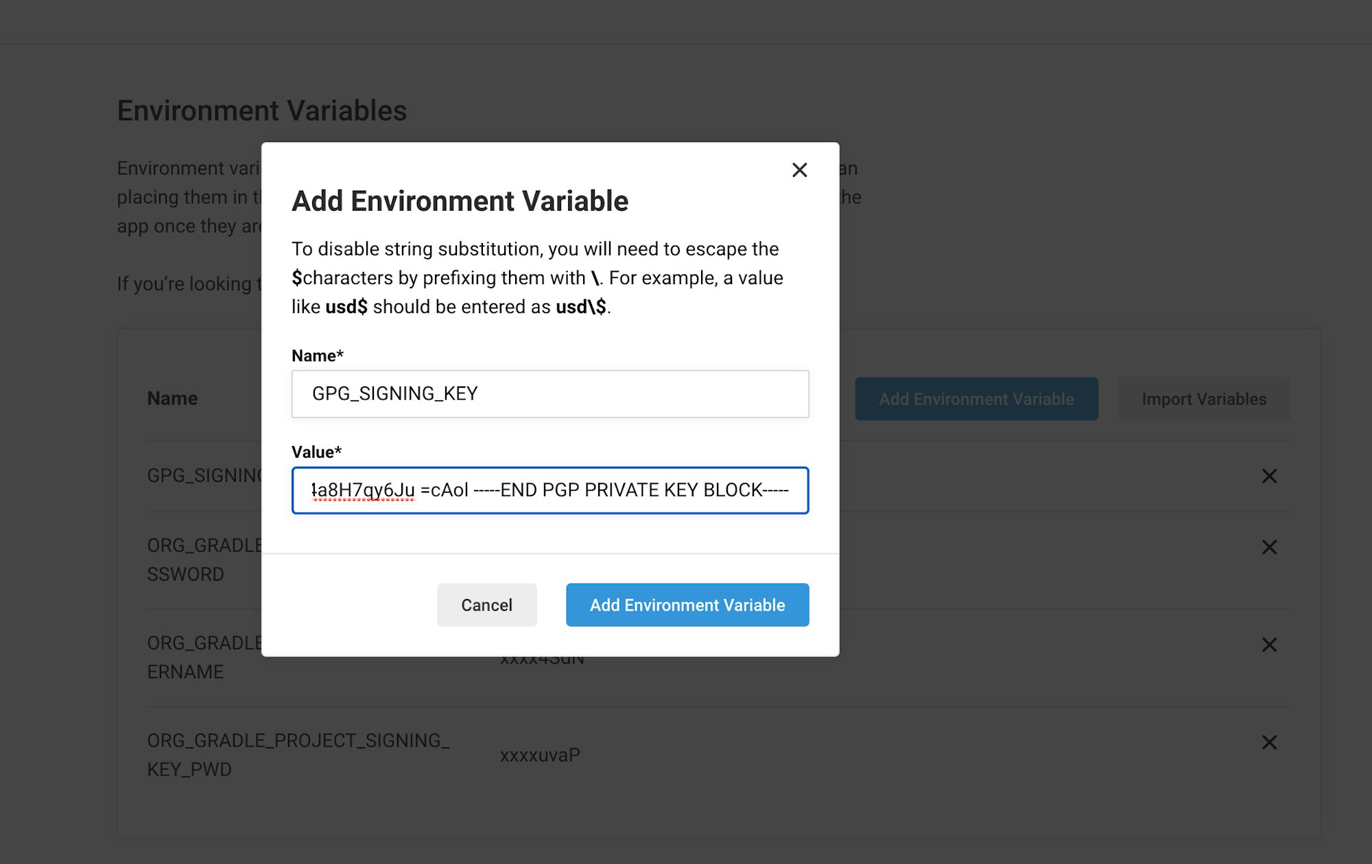 Setting the GPG key as environment variable