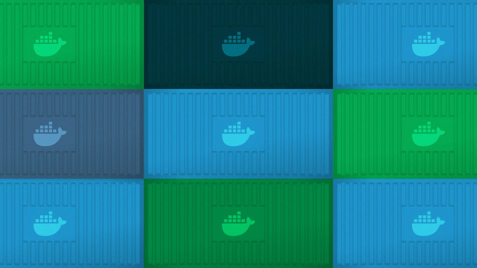Various blue and green shipping containers stacked in a 3x3 grid, each has a docker logo on the side.