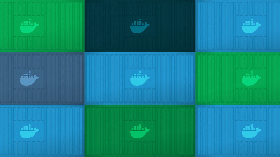 Various blue and green shipping containers stacked in a 3x3 grid, each has a docker logo on the side.