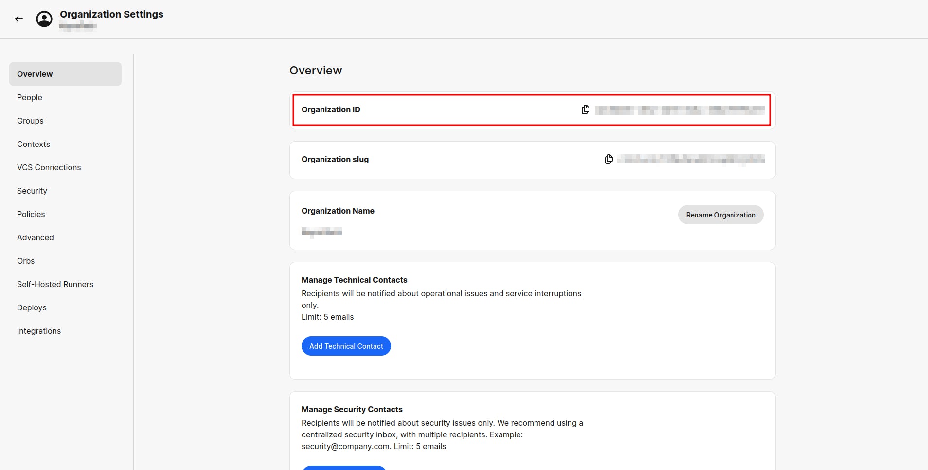 CircleCI organization settings