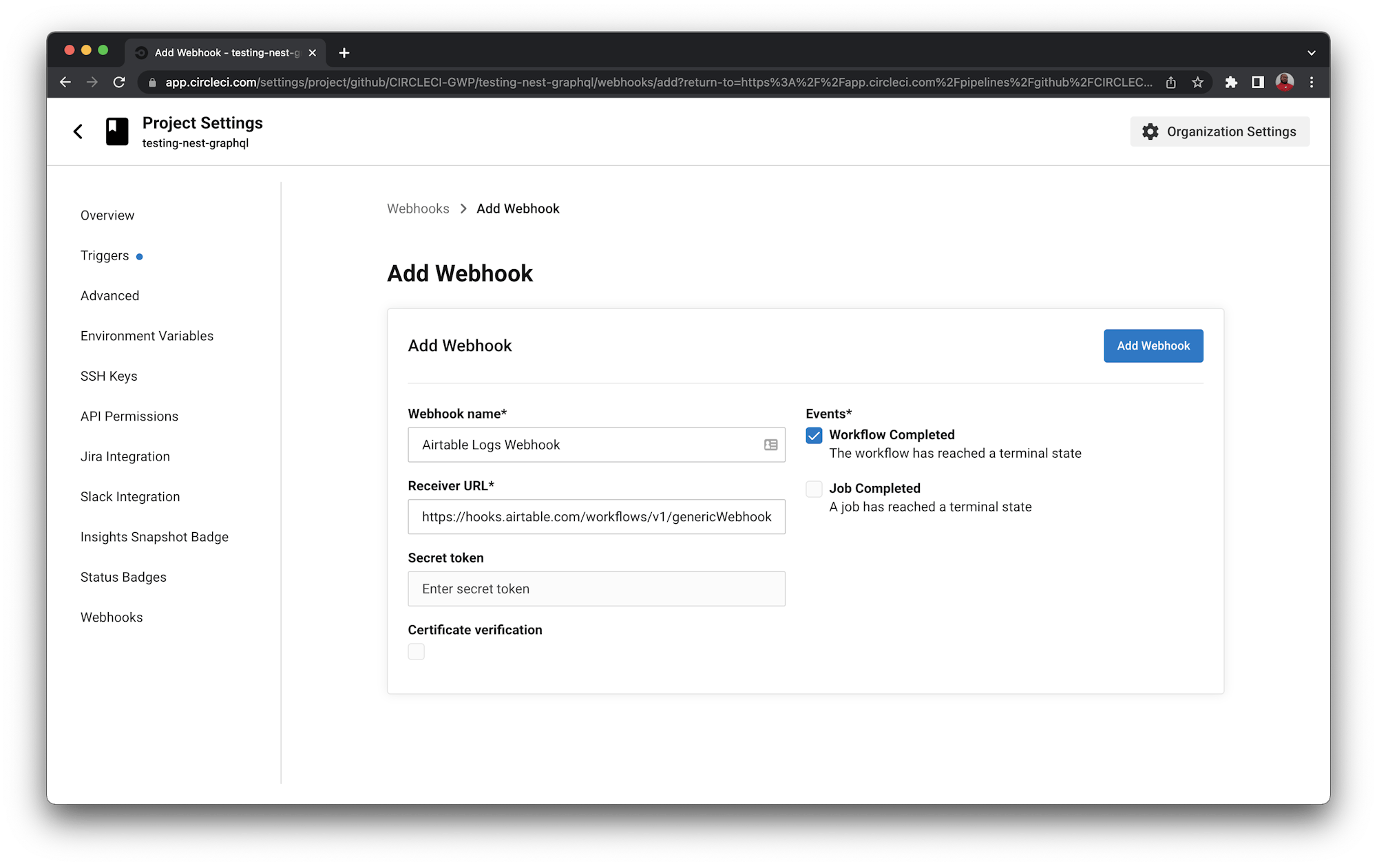 Create Webhook - CircleCI