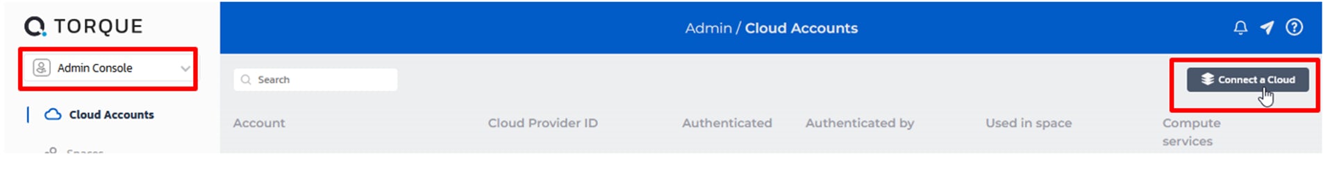 Cloud account admin area in Torque