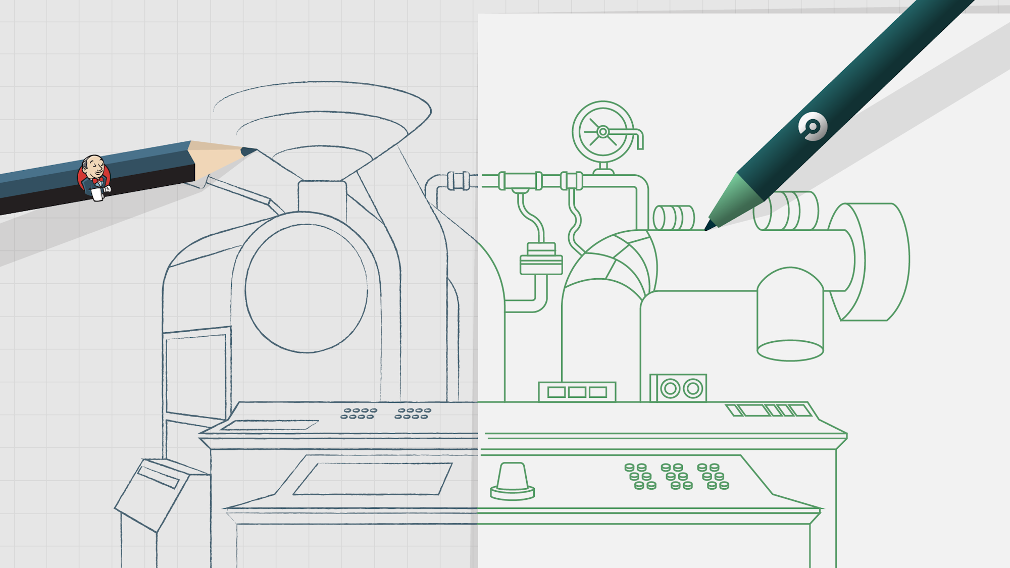 A Jenkins pencil draws the left half of a pipeline contraption, while a green CircleCI pencil completes the drawing on the right.