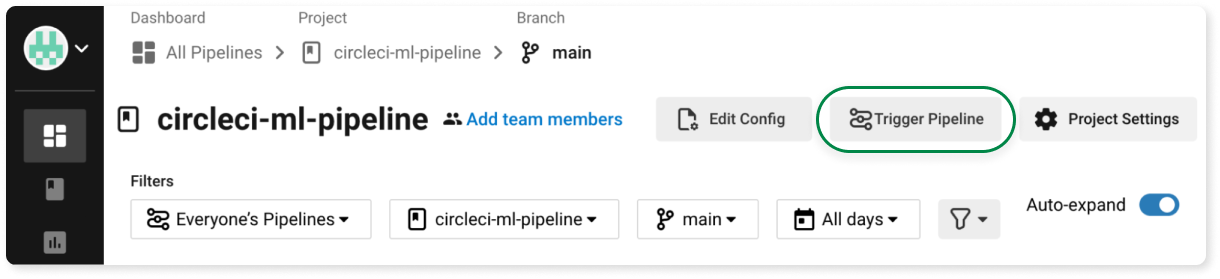 A screenshot of the CircleCI web console indicating where to manually trigger a pipeline.