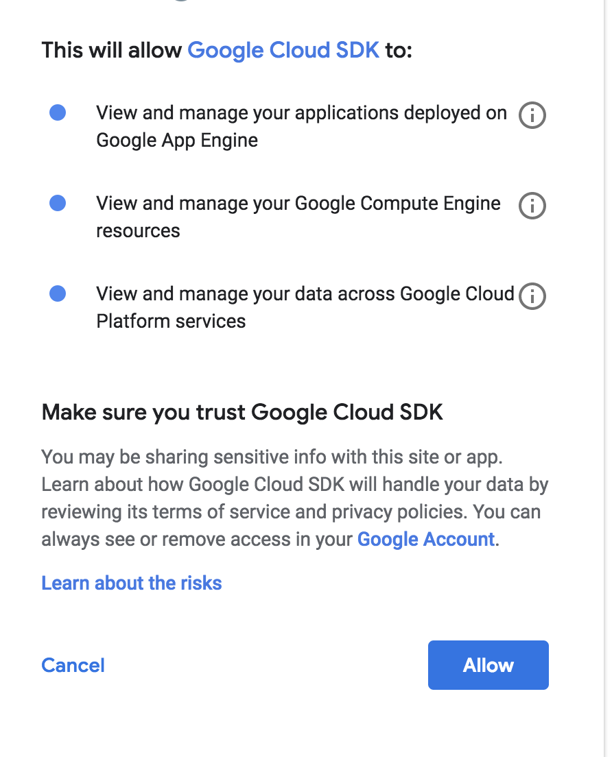 Granting Google Cloud SDK permission