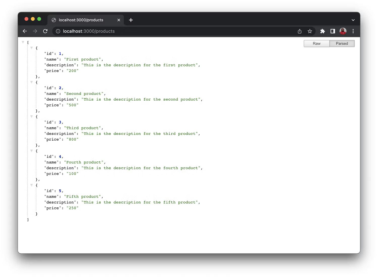 Product List on Localhost