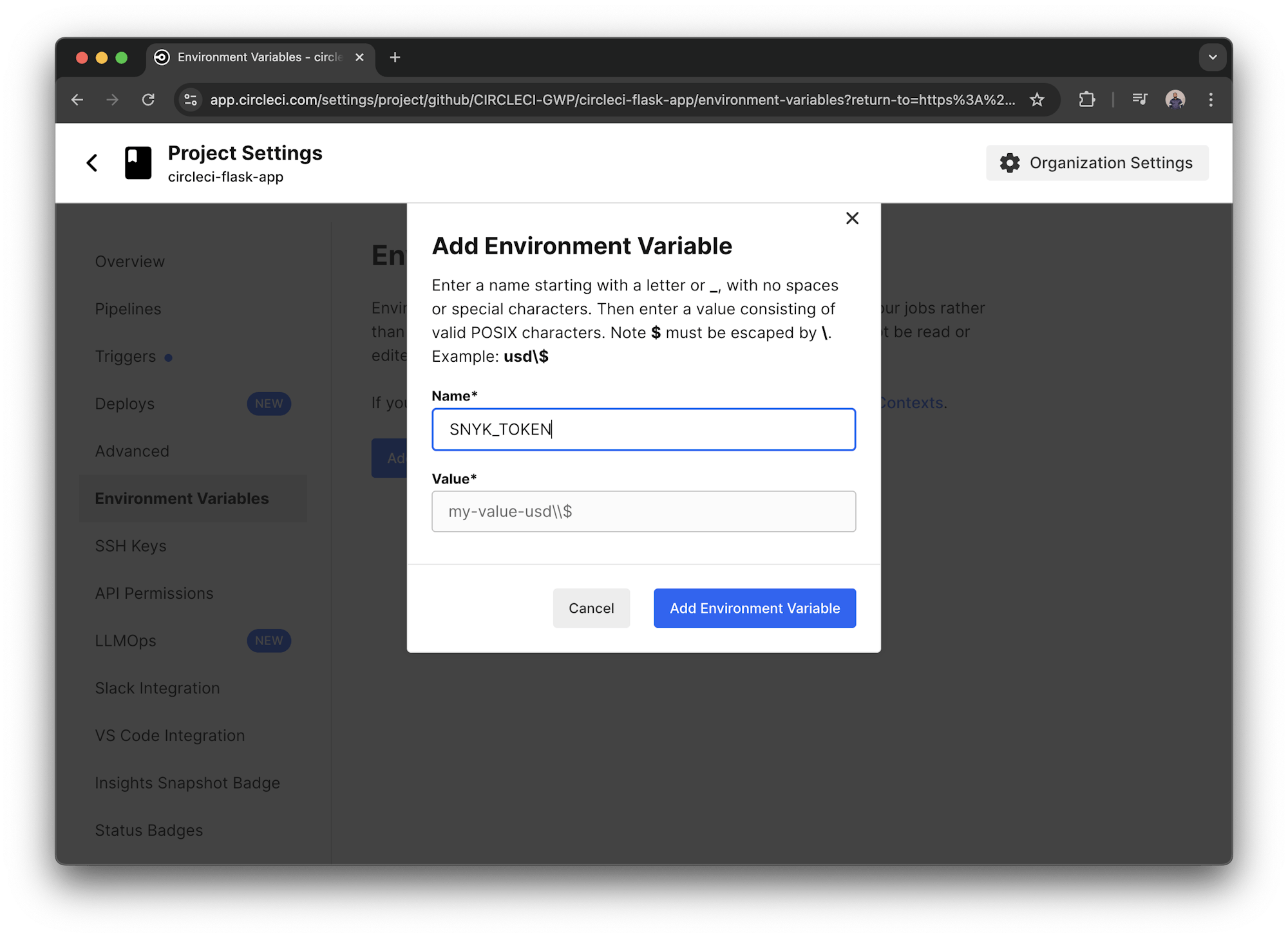Adding Snyk API token