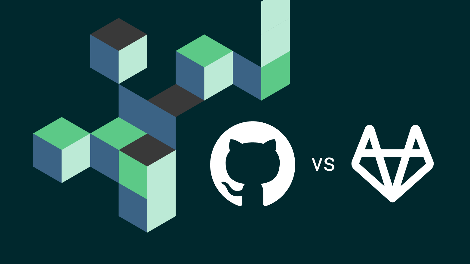 A series of green, blue, and black cubes alongside the GitHub and GitLab logos 