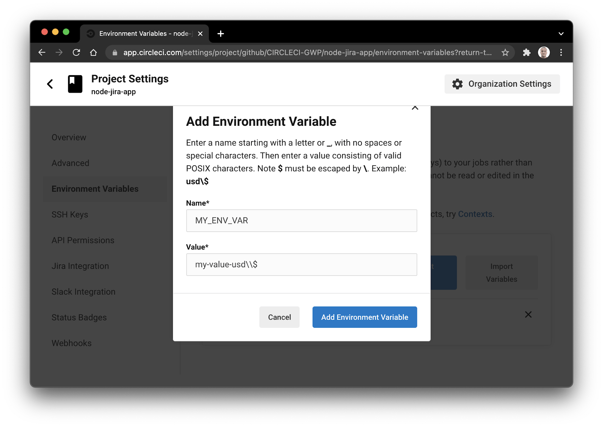 Create environment variable