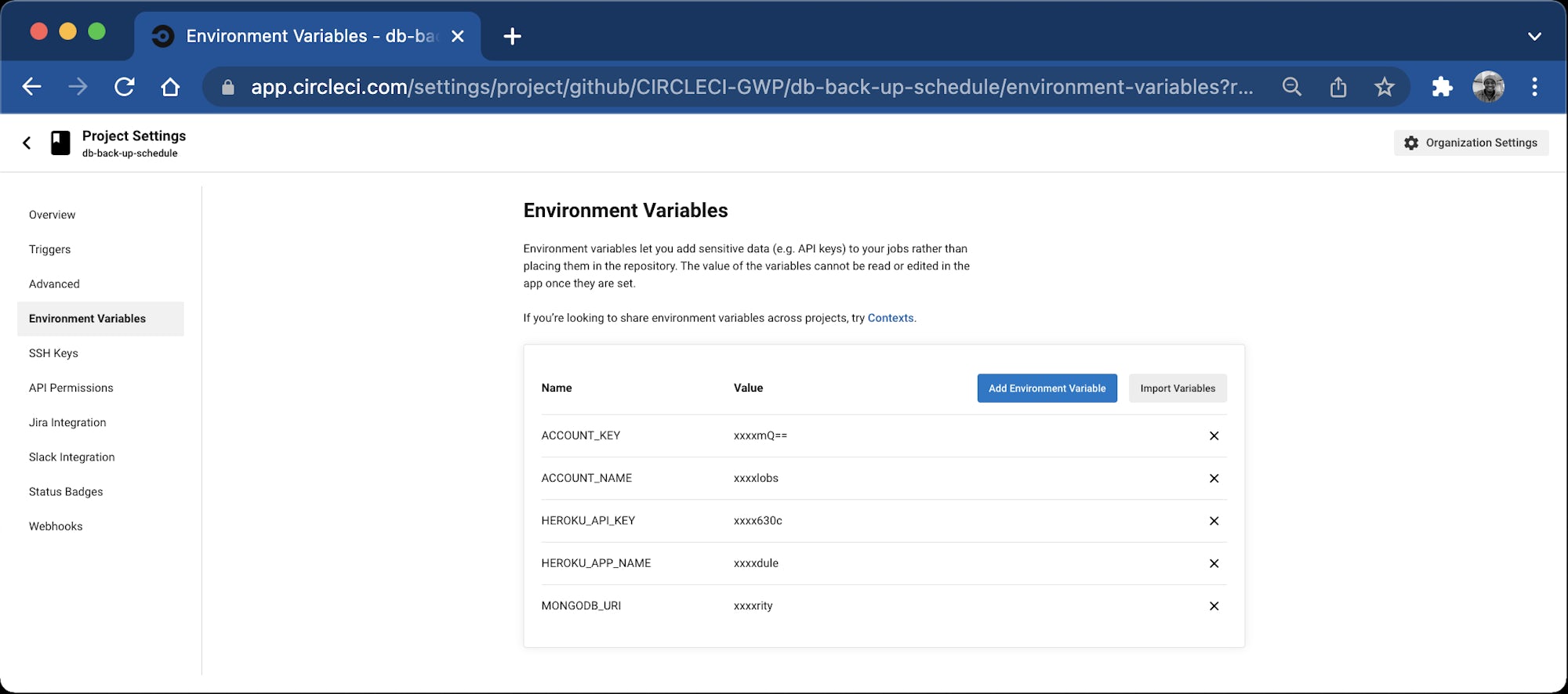 List of environment variables