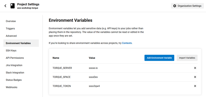 Environment variables page in the CircleCI web app