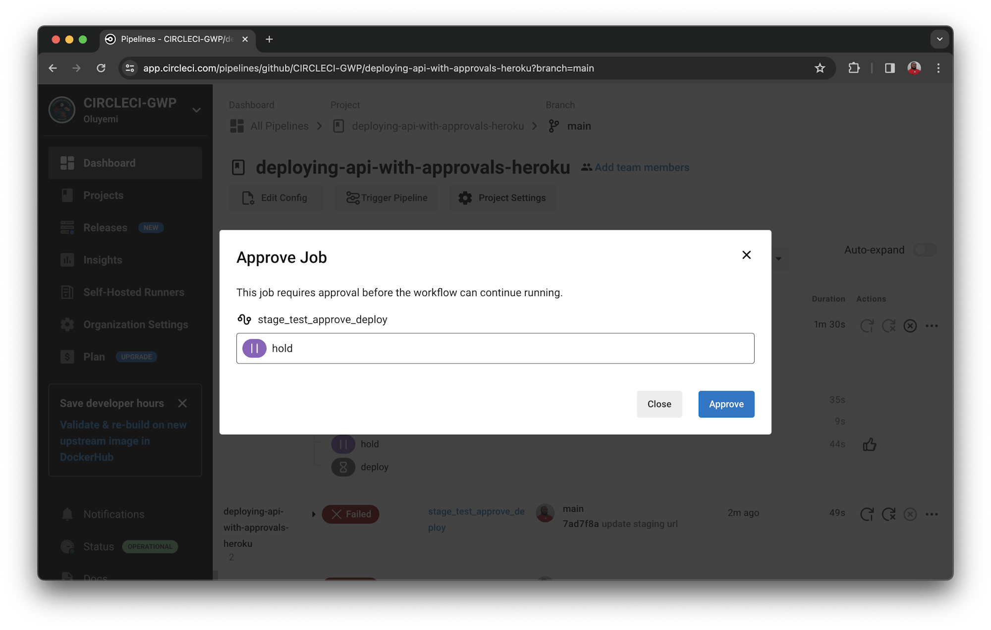 Approval dialog - CircleCI