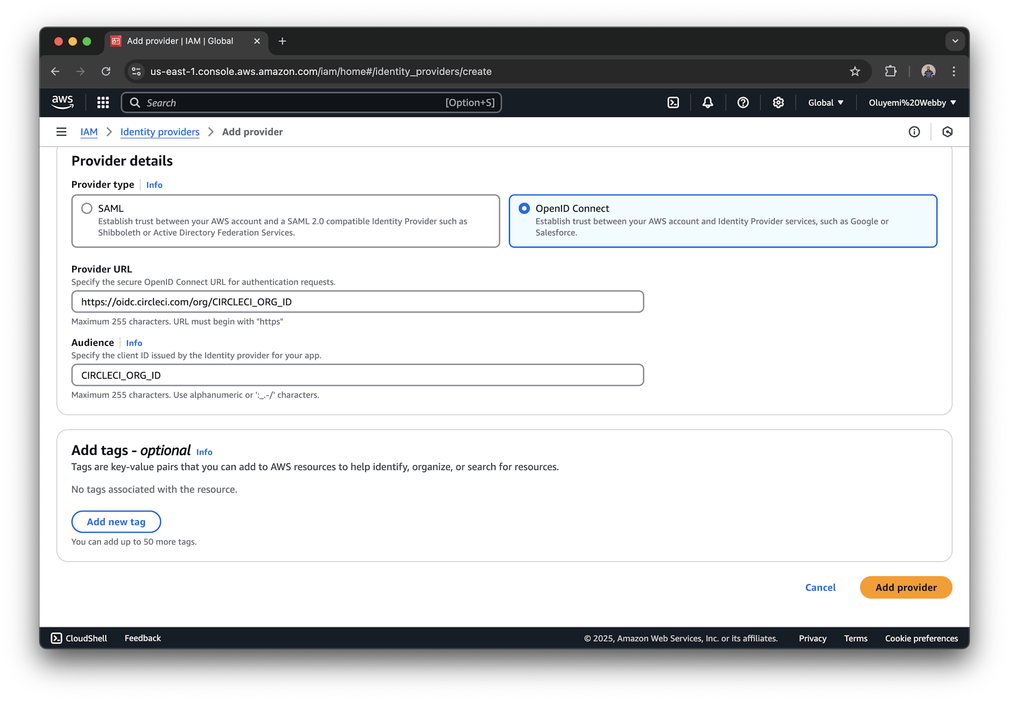 AWS IAM OIDC provider settings