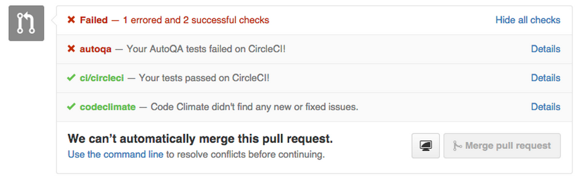 Screenshot of failed and passed checks on a pull request