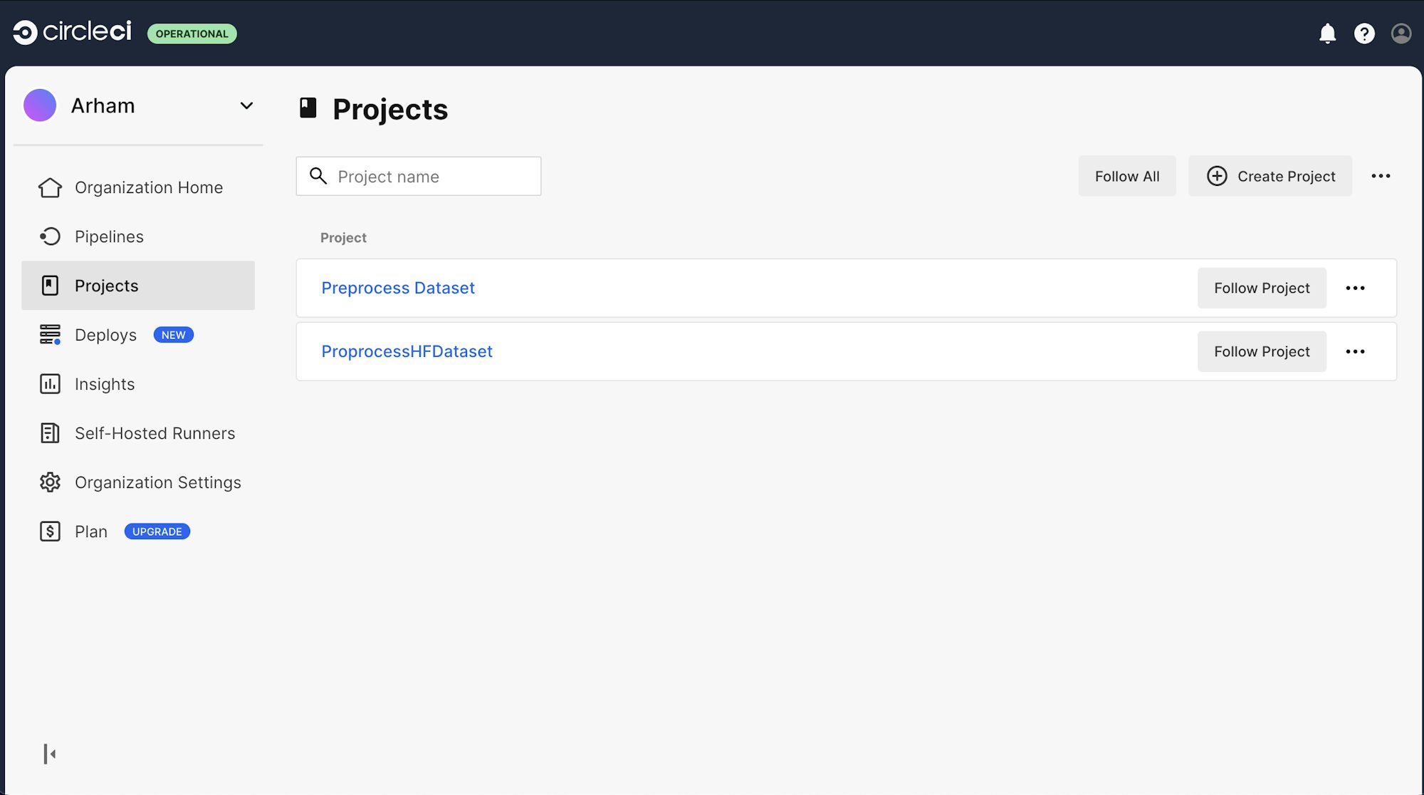 CircleCI Project Tab