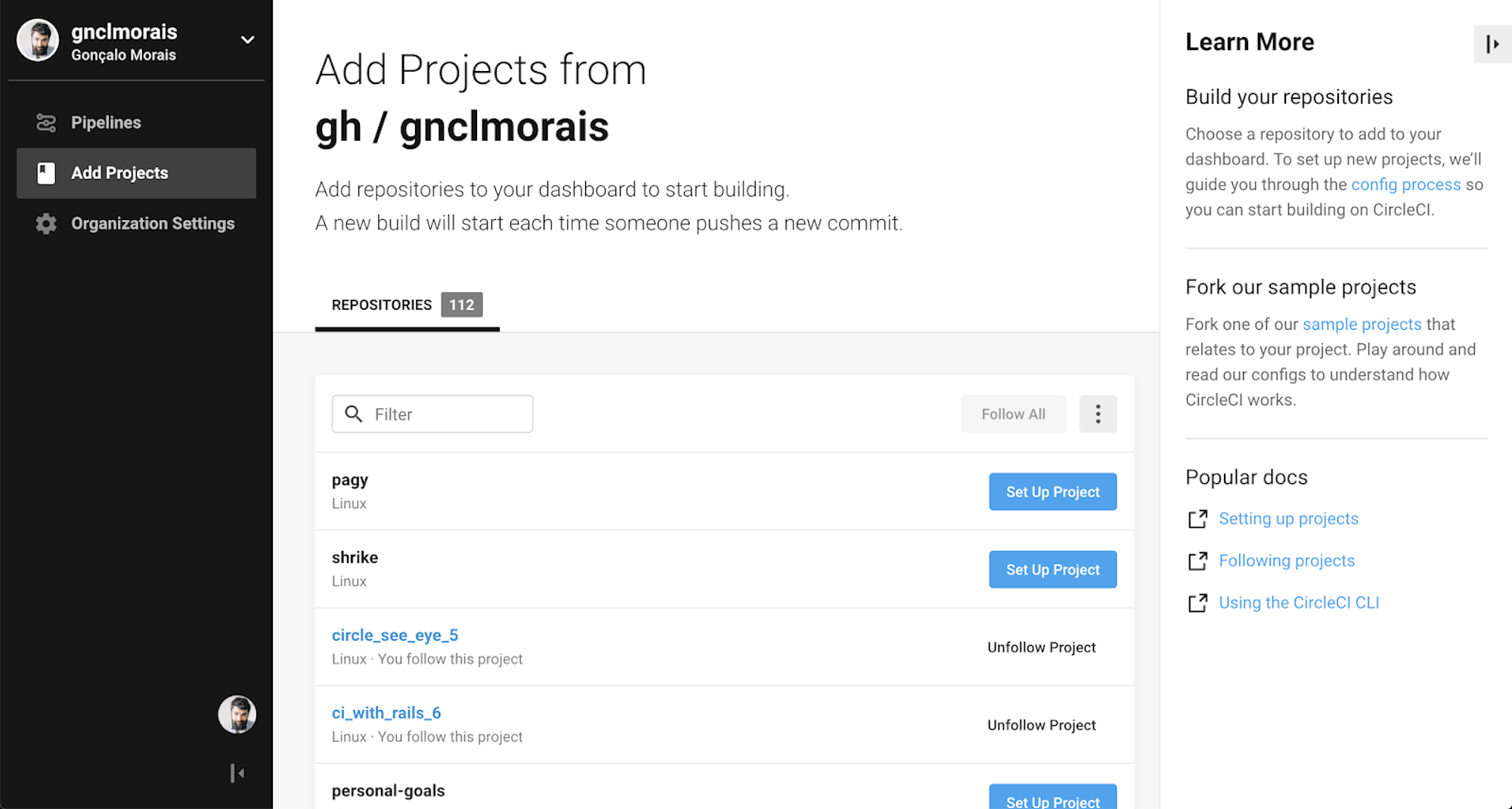 Add Projects from… screen of CircleCI