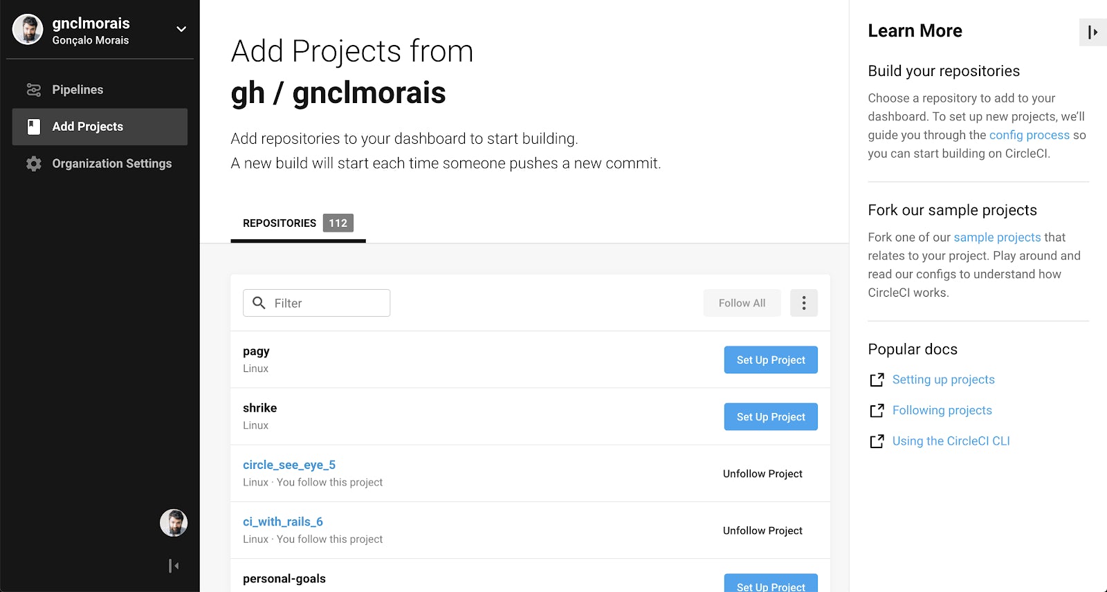 Add Projects from… screen of CircleCI