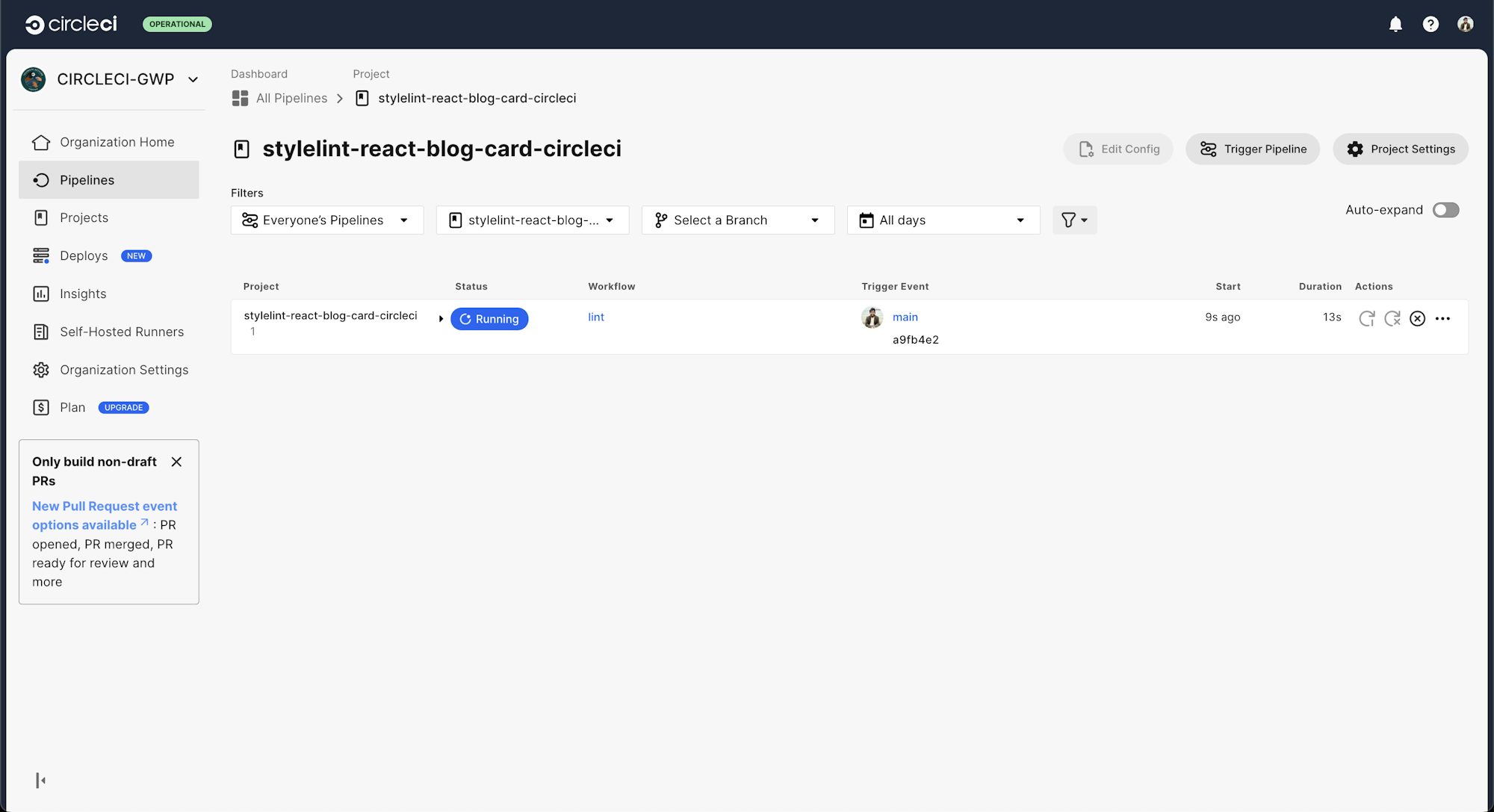 CircleCI Stylelint pipeline running