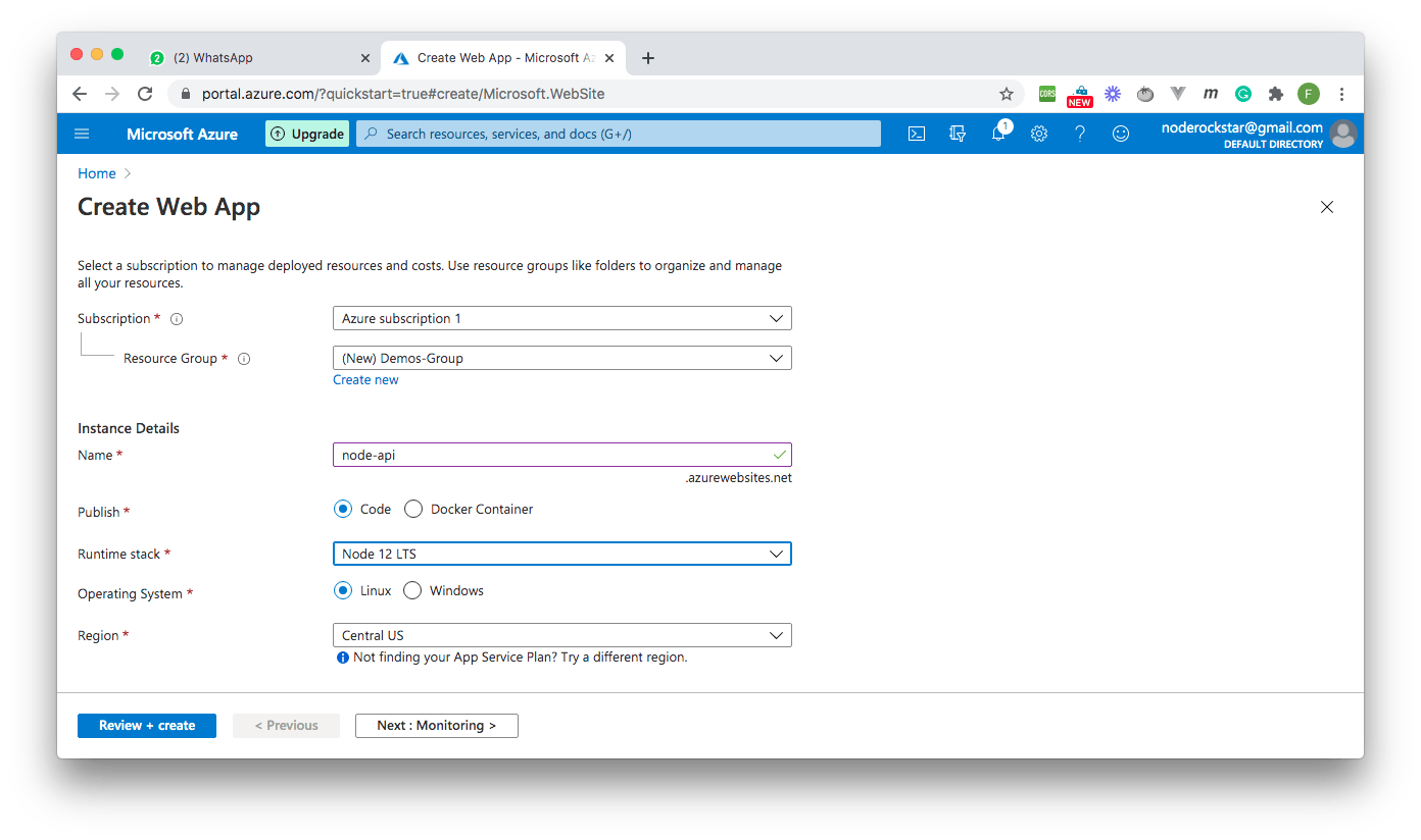 Create Web App Options - Azure