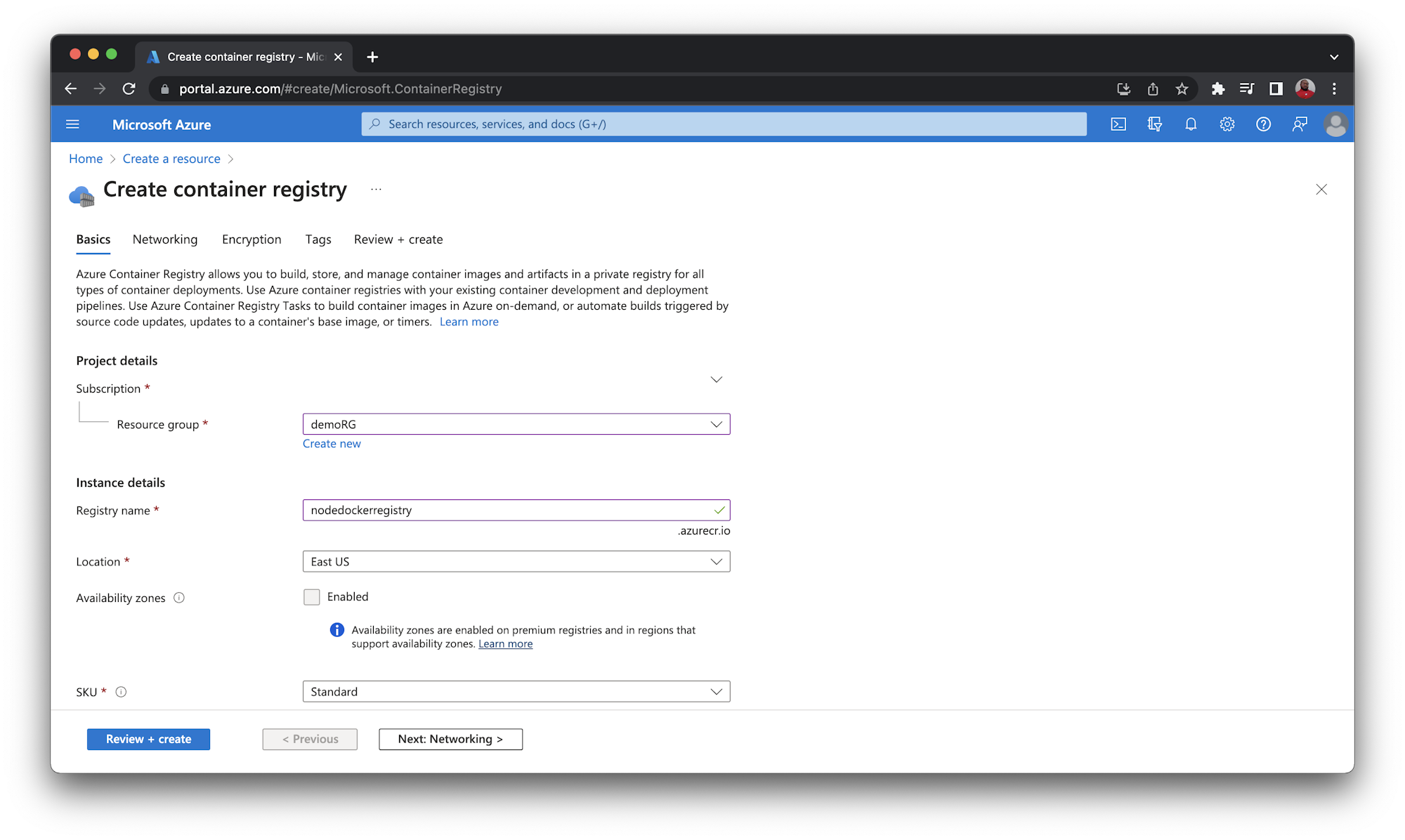 Create Registry Page - Azure