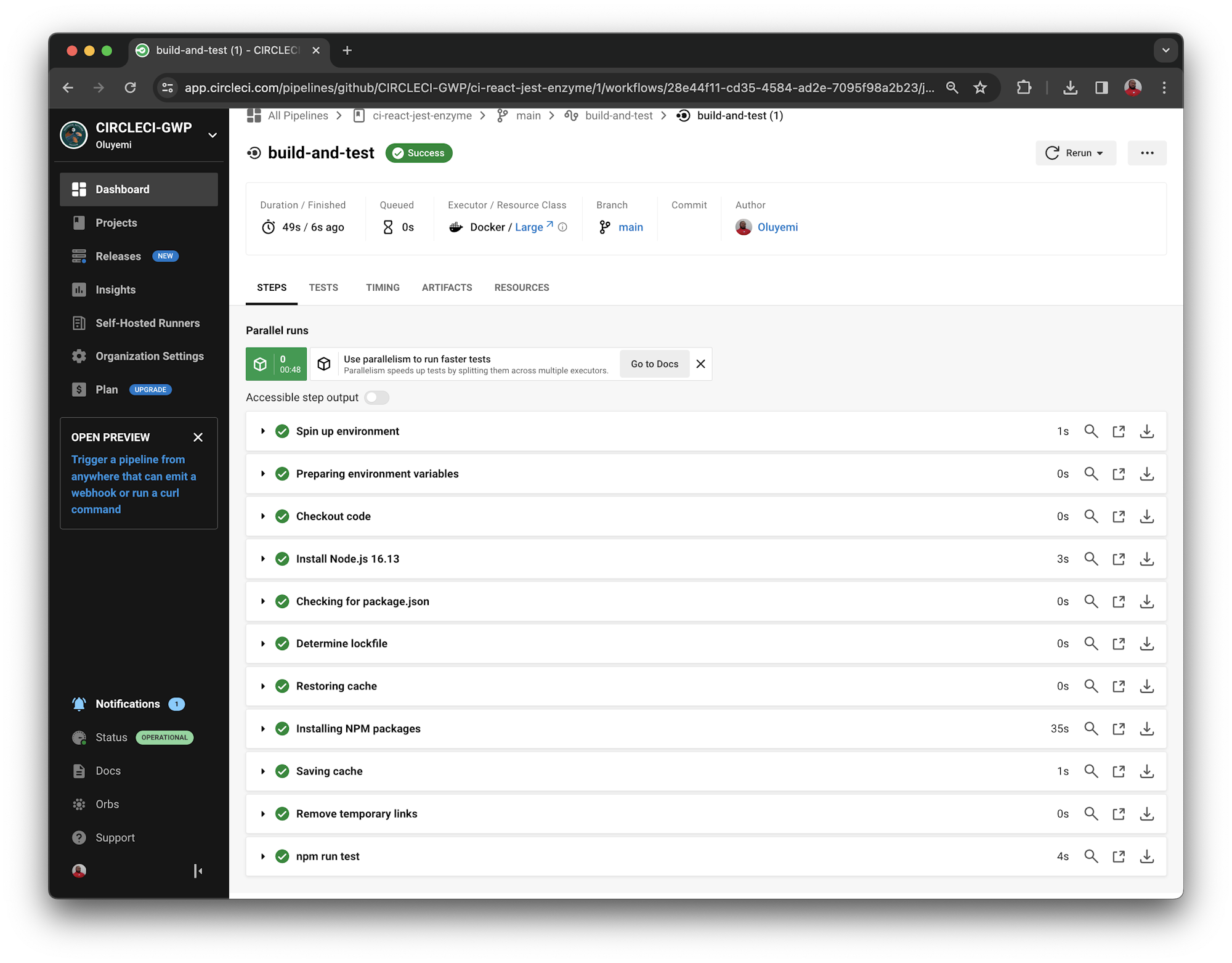 All steps view in CircleCI