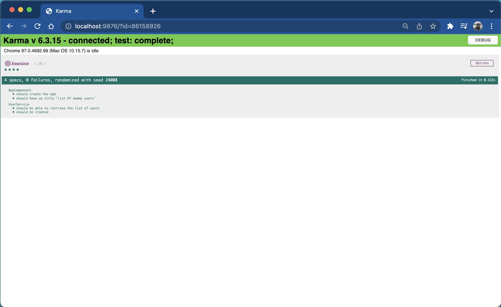 Karma test runner UI